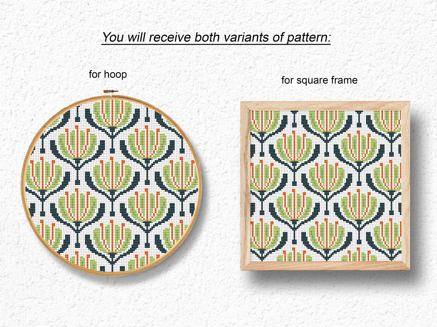 Green and red geometric flowers cross stitch pattern, modern PDF embroidery design