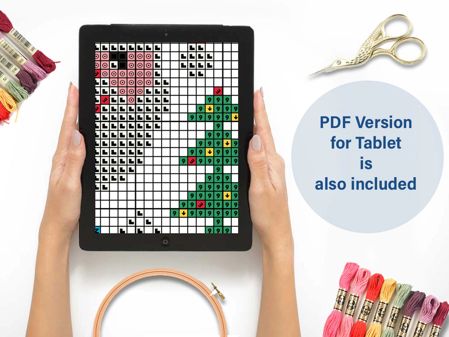 Christmas cross stitch pattern with ornaments and Santa, festive holiday embroidery design