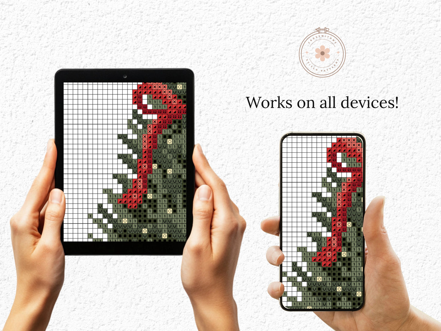 Christmas tree with red bow cross stitch pattern, festive holiday embroidery design