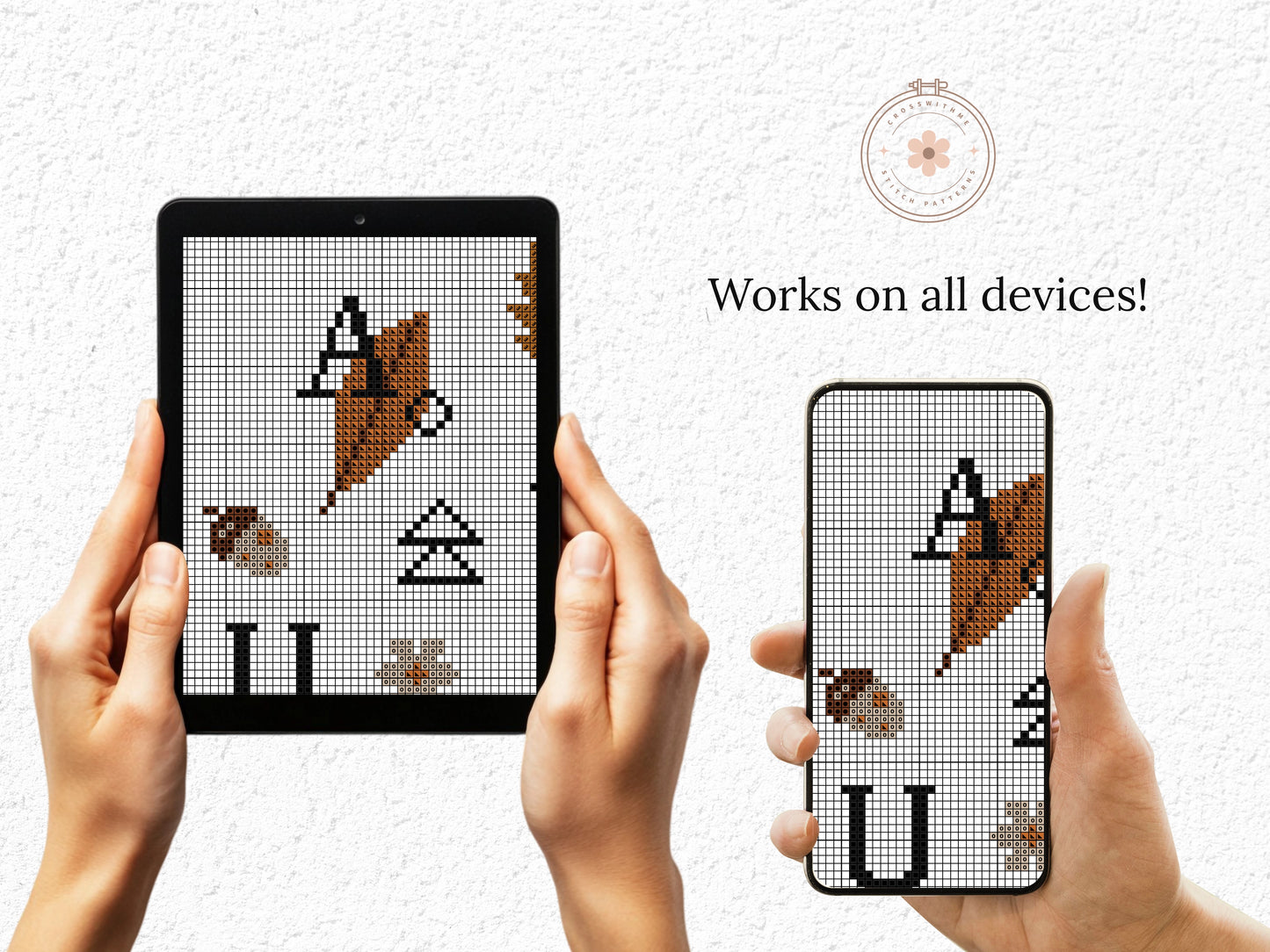 Cross stitch pattern of the word "Autumn" with fall leaves, cozy seasonal PDF design