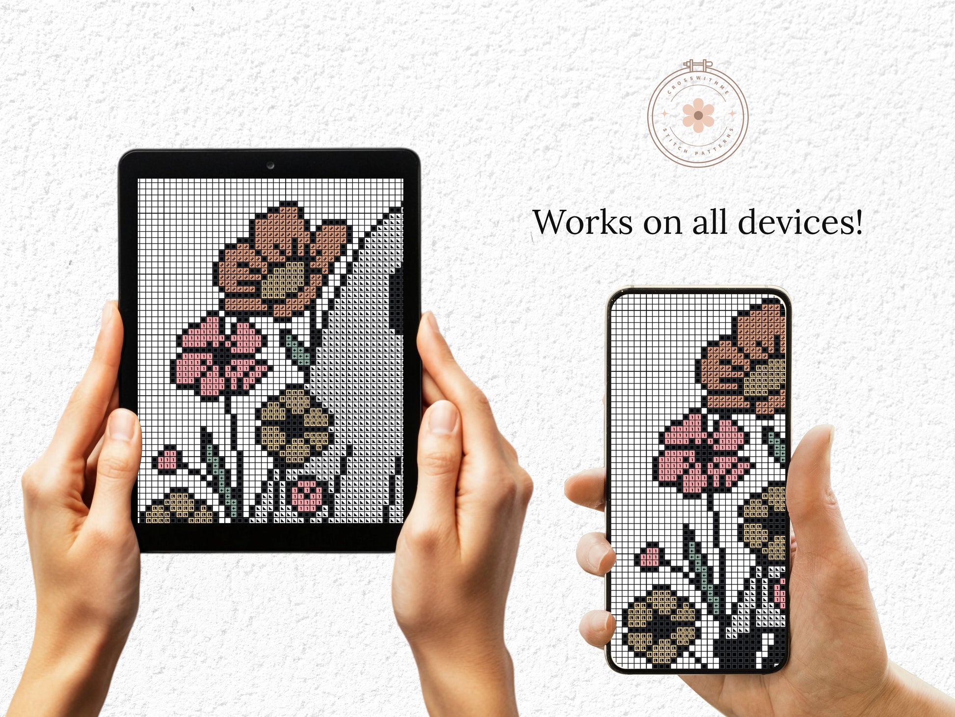 Halloween cross stitch pattern with ghost Jack and flowers