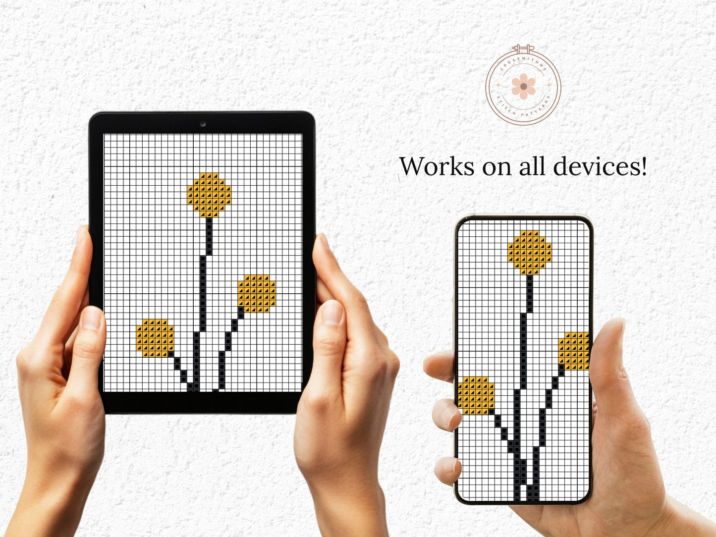 yellow flowers in outline pots cross stitch pattern, minimalist beginner embroidery on white background