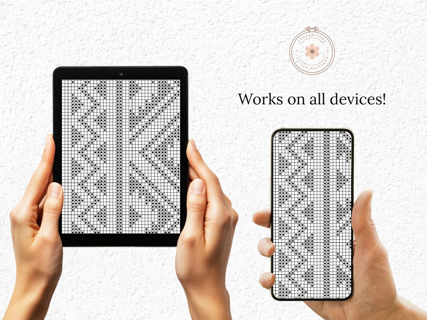 Set of three black and white tribal boho cross stitch patterns with geometric shapes