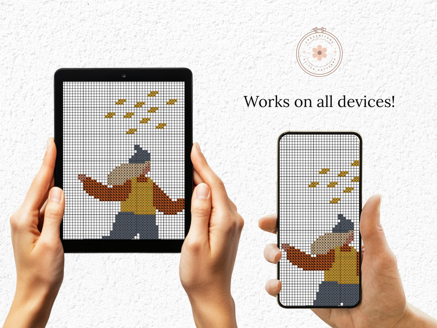 Set of three autumn cross stitch patterns with people, umbrellas, rain, and puddle