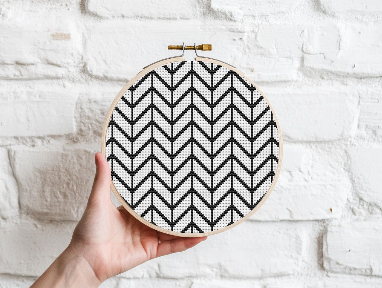 Minimal Scandinavian geometric cross stitch pattern in black and white, modern PDF embroidery design