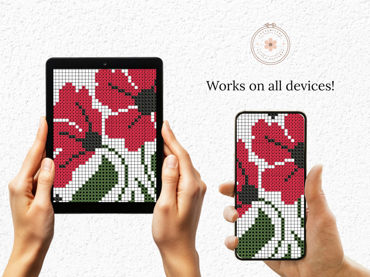 Modern floral cross stitch pattern set – 3 PDF flower hoop charts for beginners, minimalist botanical embroidery