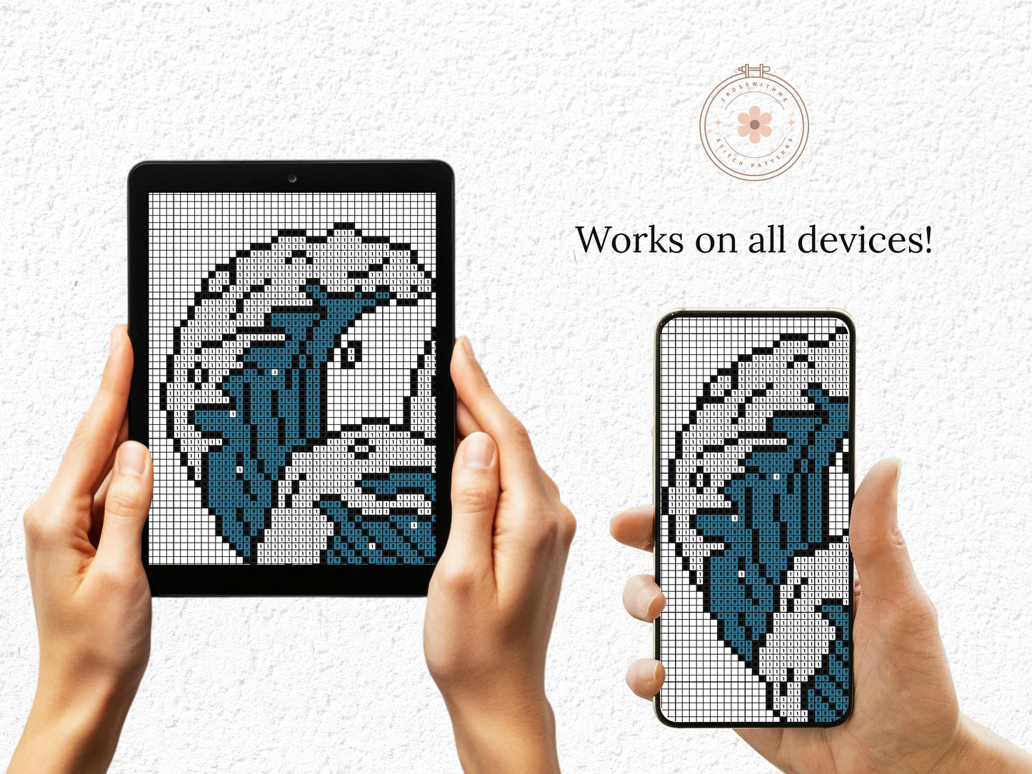 Cross stitch pattern with ocean wave in heart shape, minimalist coastal PDF design