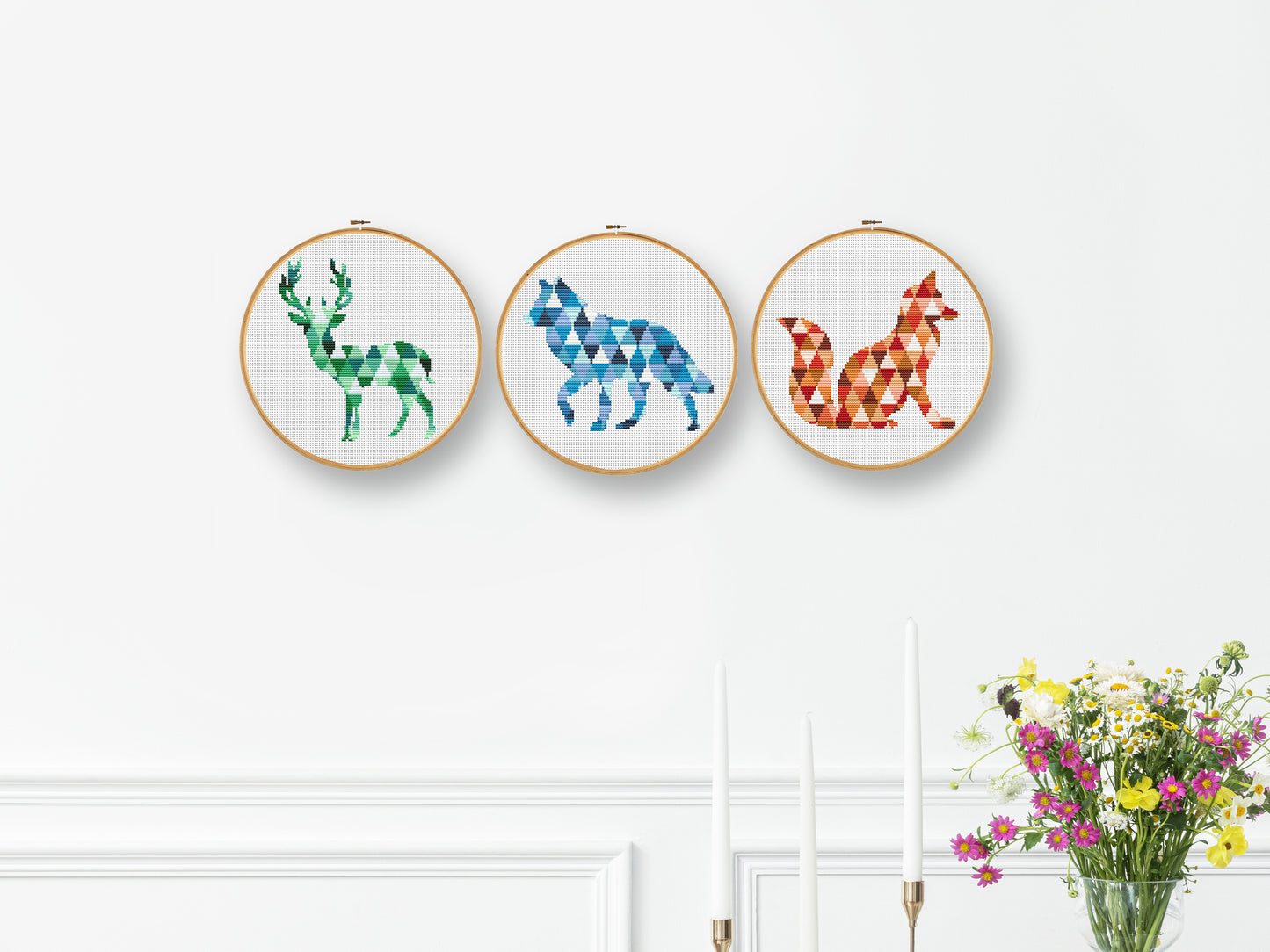 Geometric fox cross stitch pattern made of triangle shapes, modern minimalist PDF embroidery design