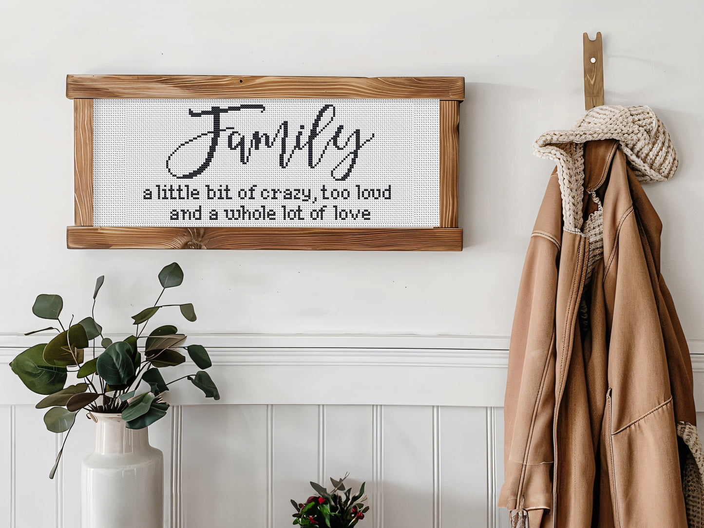 Family farmhouse quote cross stitch pattern – rustic PDF embroidery design for home décor