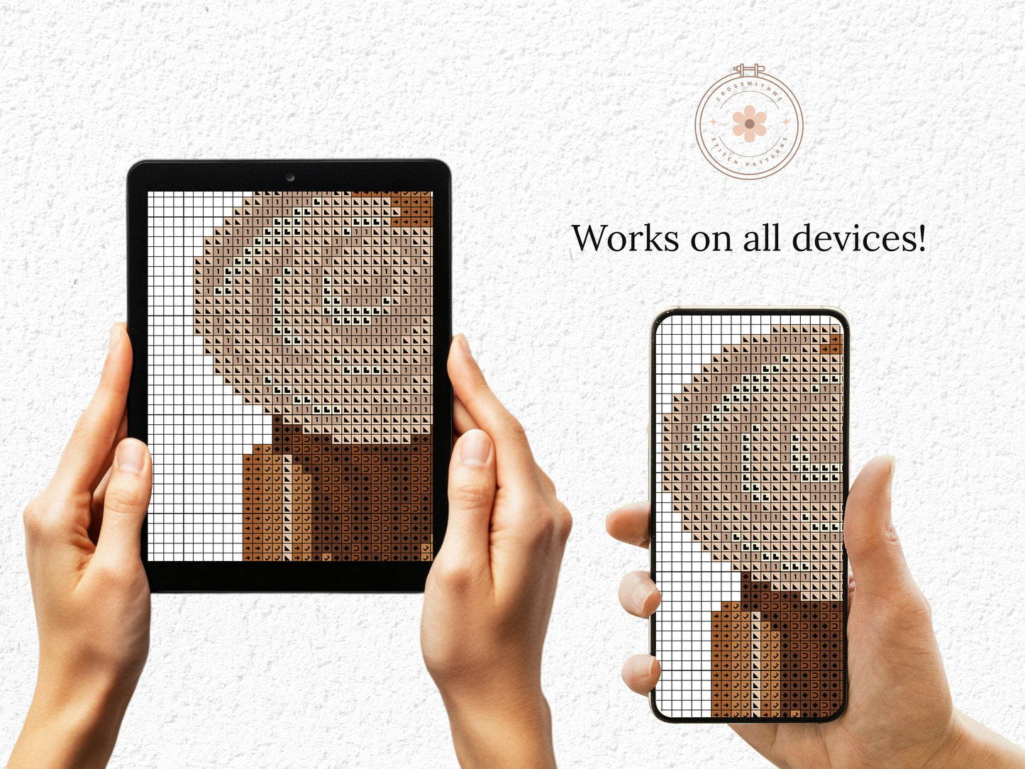 Cross stitch pattern of a woman in a hat on the beach, elegant seaside minimalist PDF design