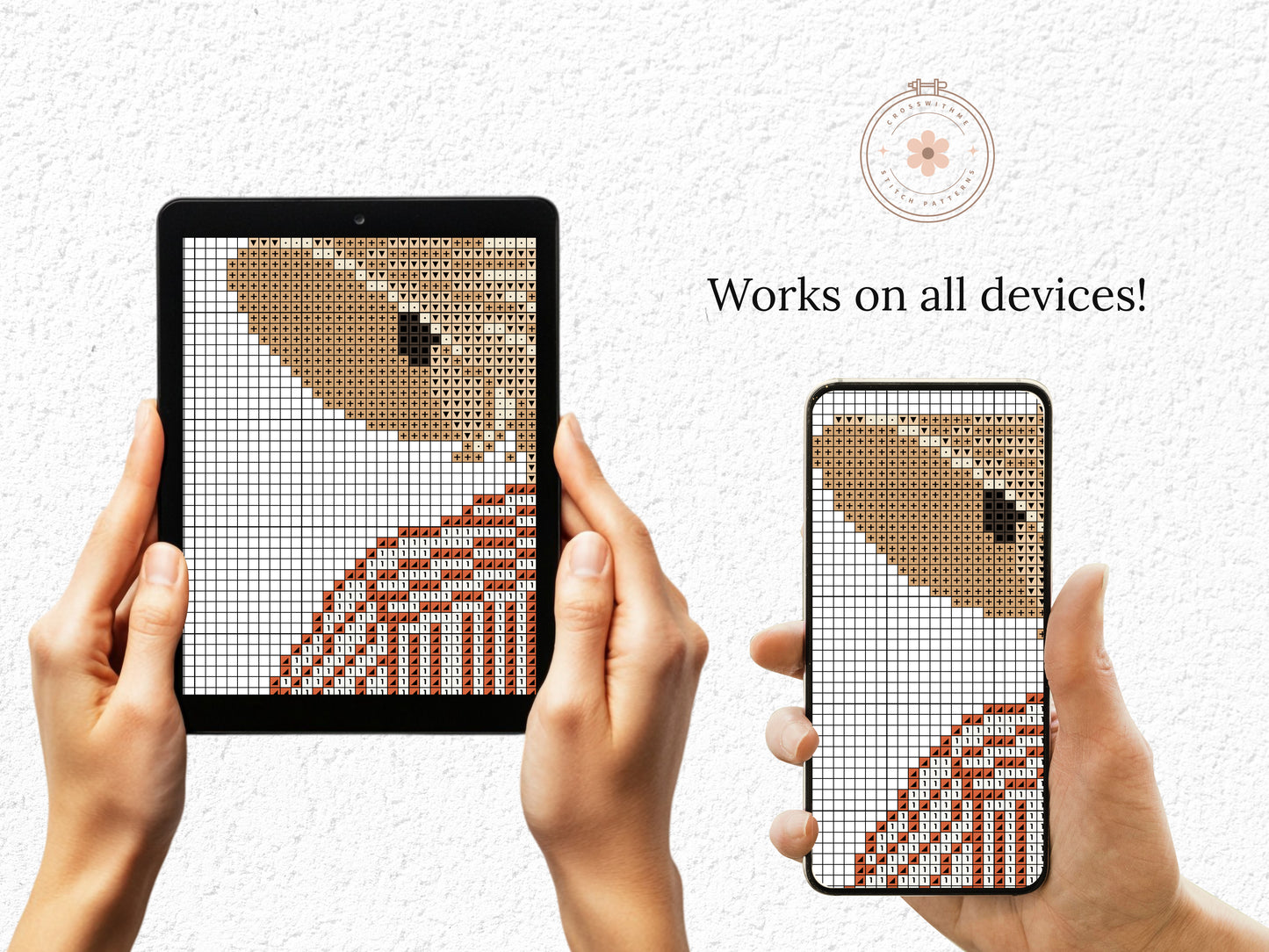 Cross stitch pattern of a woman in a hat looking at the ocean, minimalist summer beach PDF design