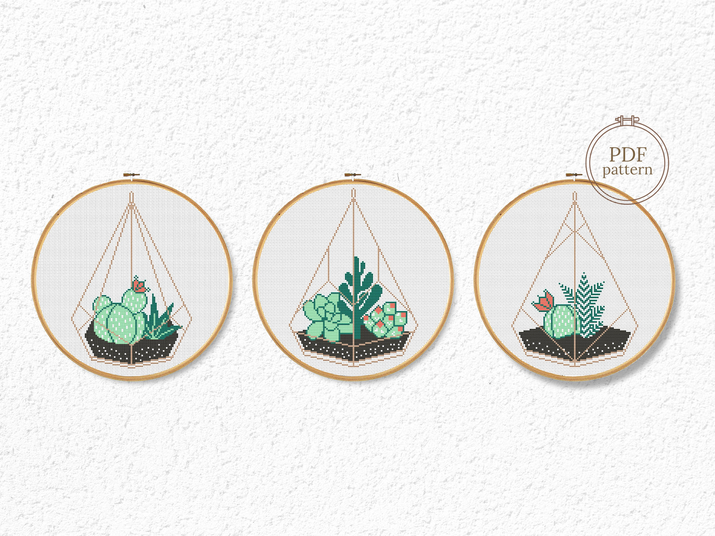 Set of 3 succulent terrarium cross stitch patterns, botanical plant embroidery designs