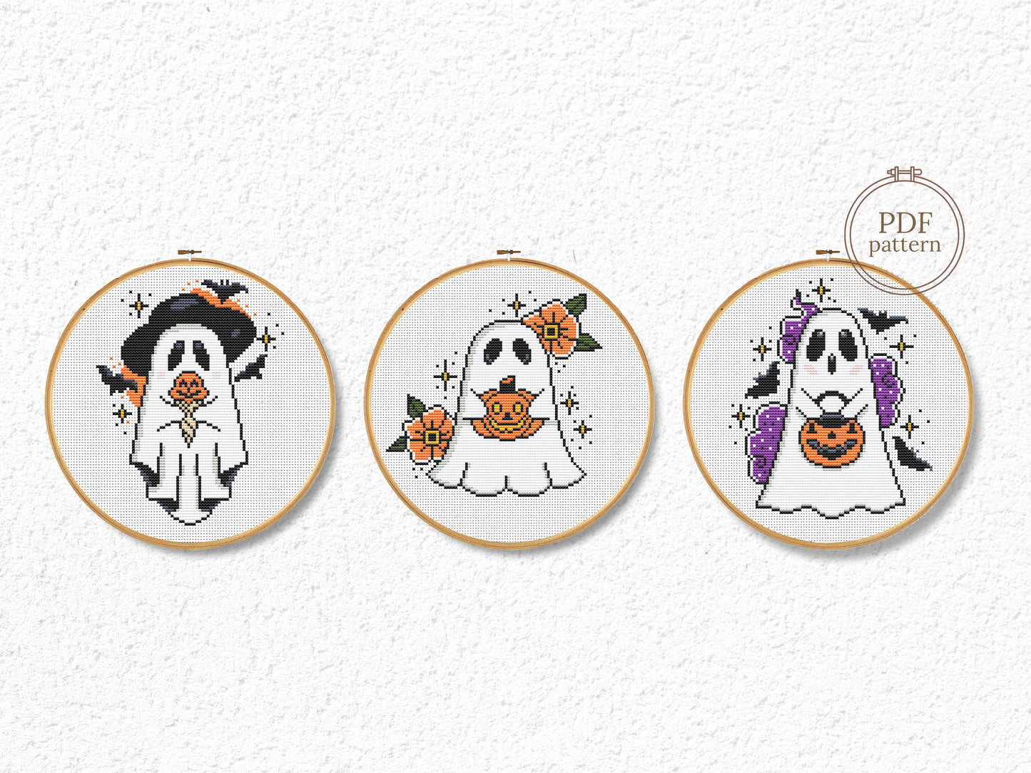 Set of three spooky Halloween ghost cross stitch patterns