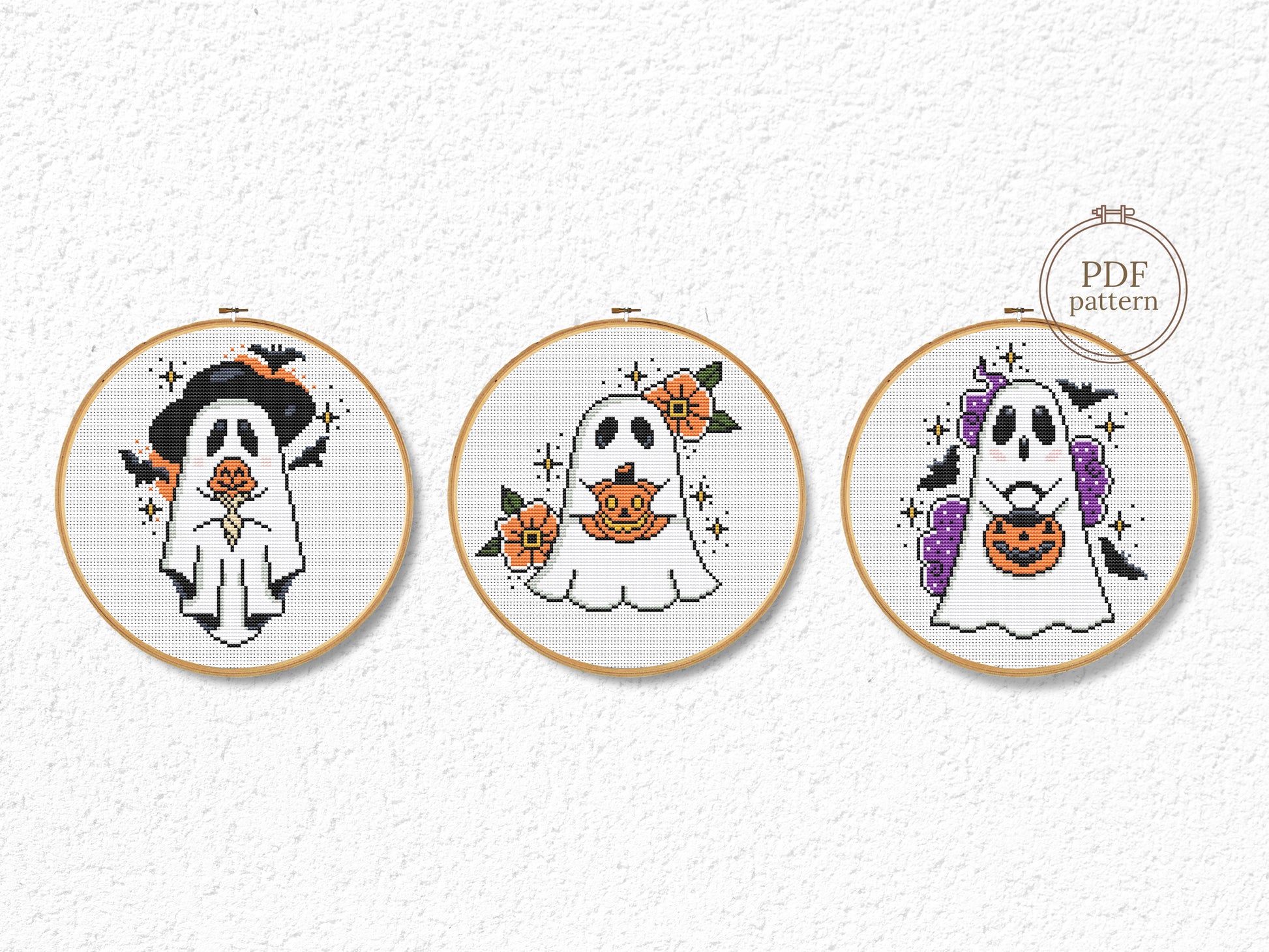 Set of three spooky Halloween ghost cross stitch patterns