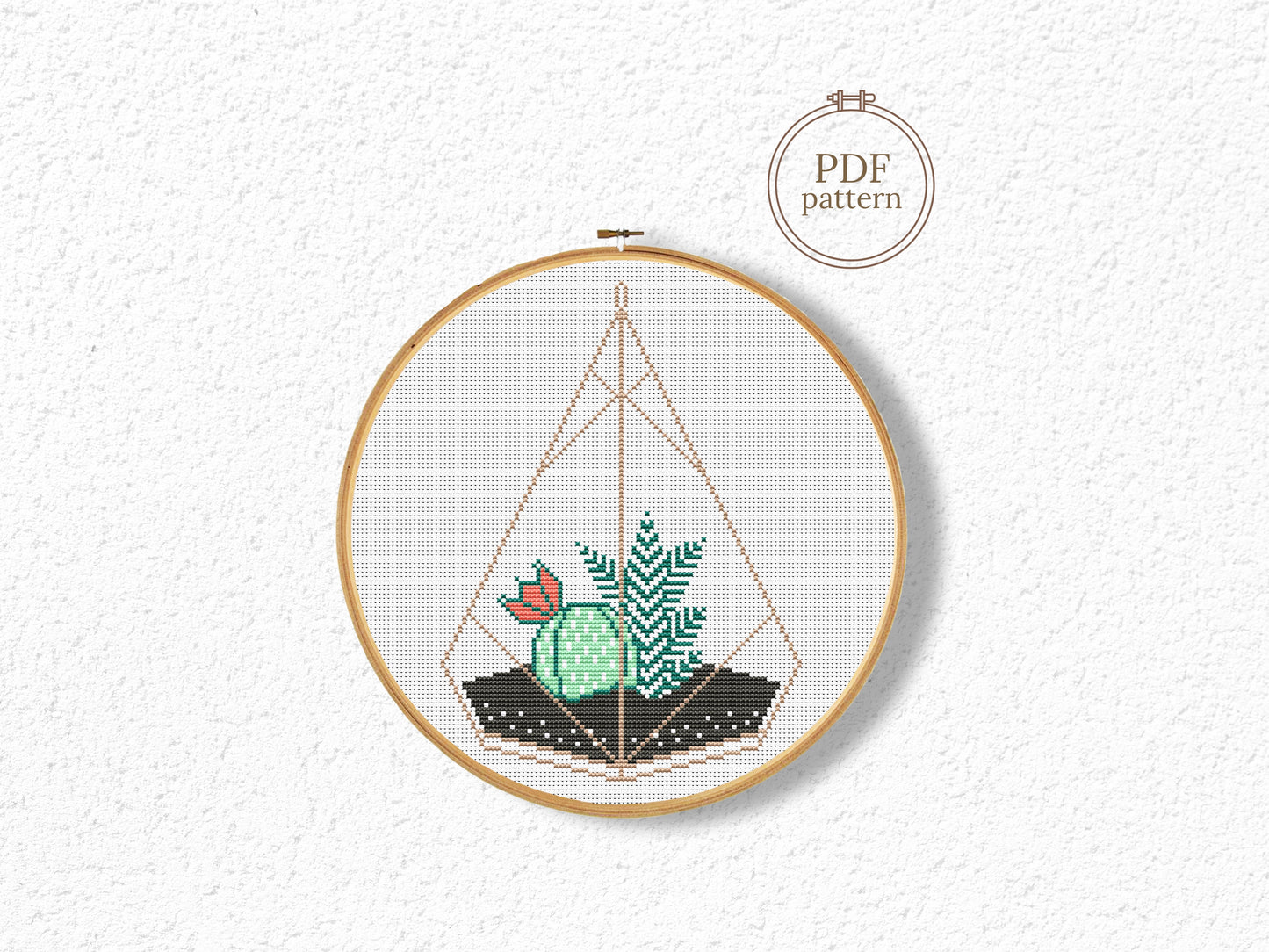 Succulent terrarium cross stitch pattern, stylish plant embroidery design