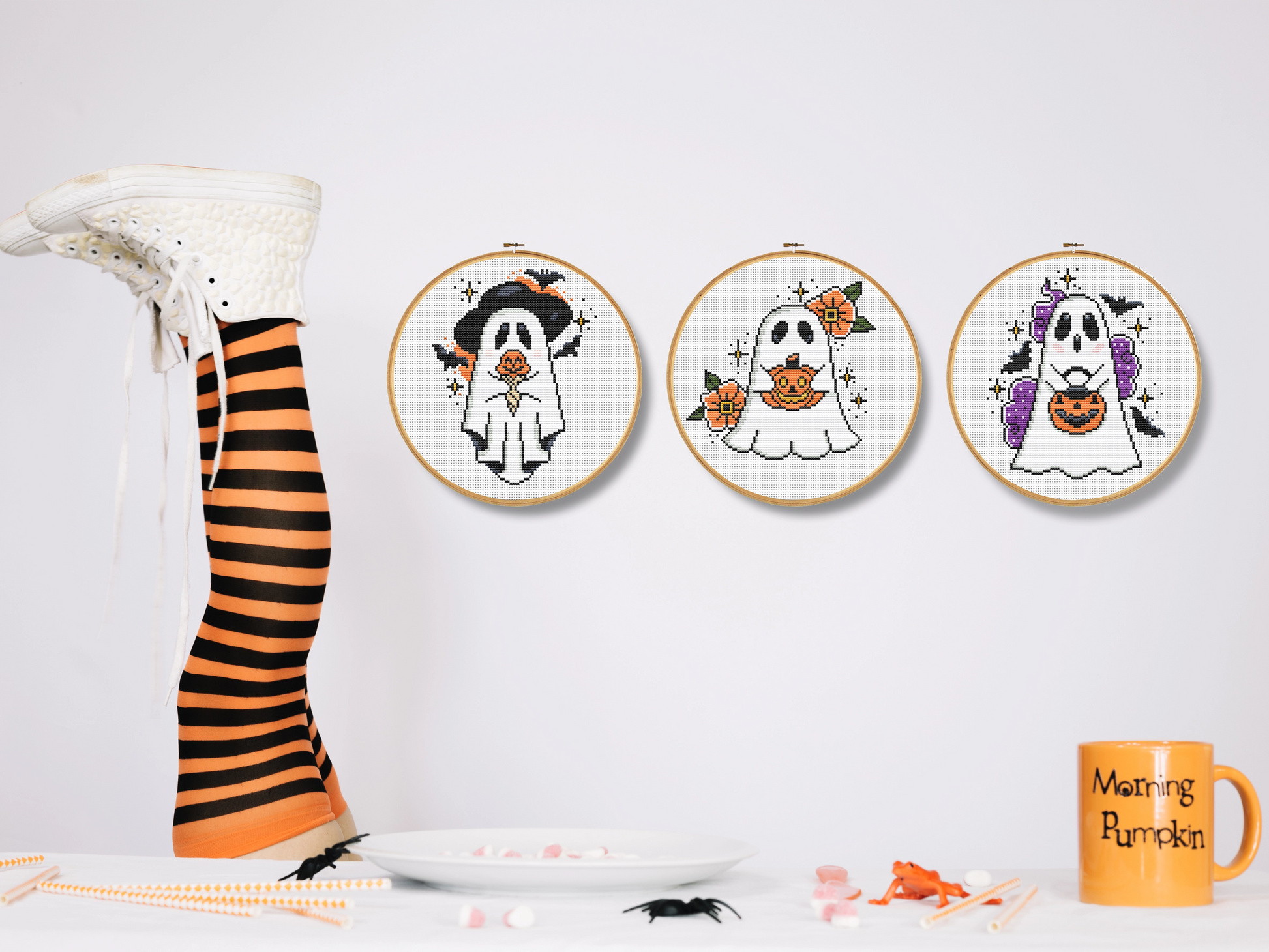 Set of three spooky Halloween ghost cross stitch patterns