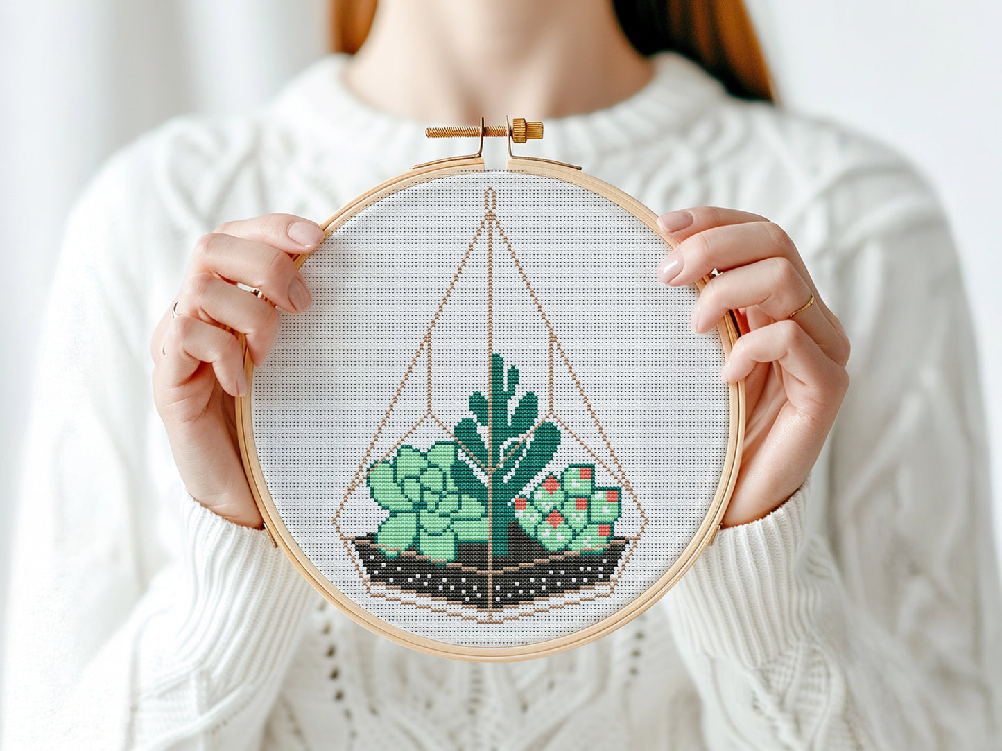 Modern succulents in glass terrarium cross stitch pattern, botanical embroidery design