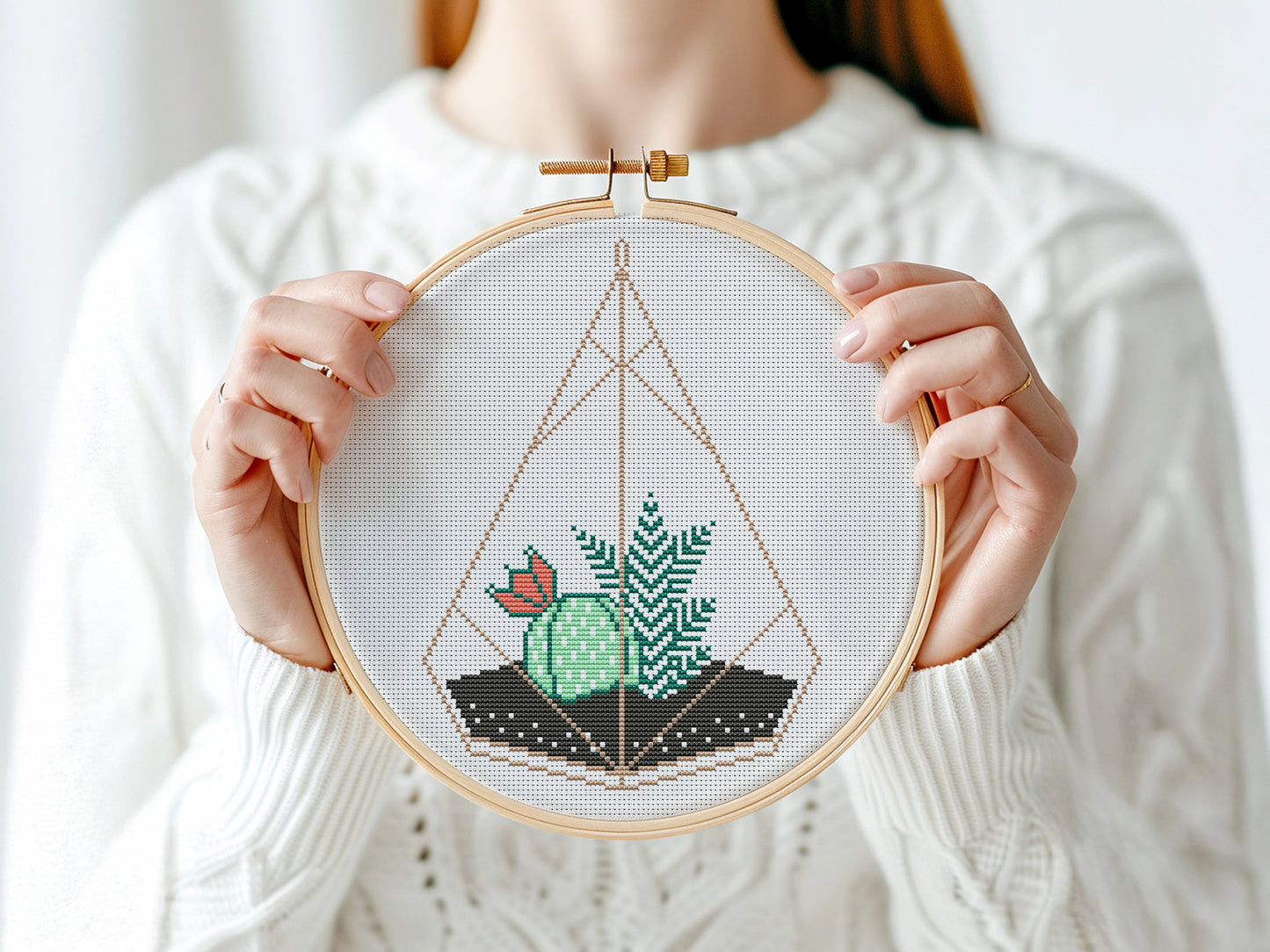 Succulent terrarium cross stitch pattern, stylish plant embroidery design