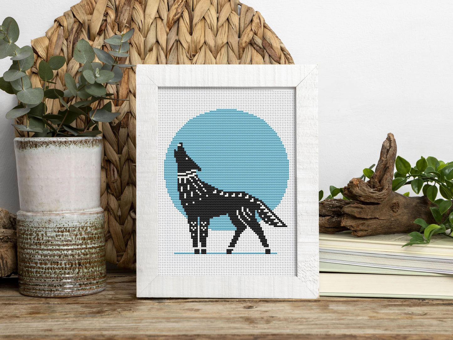 Scandinavian wolf cross stitch pattern, Nordic folk embroidery design