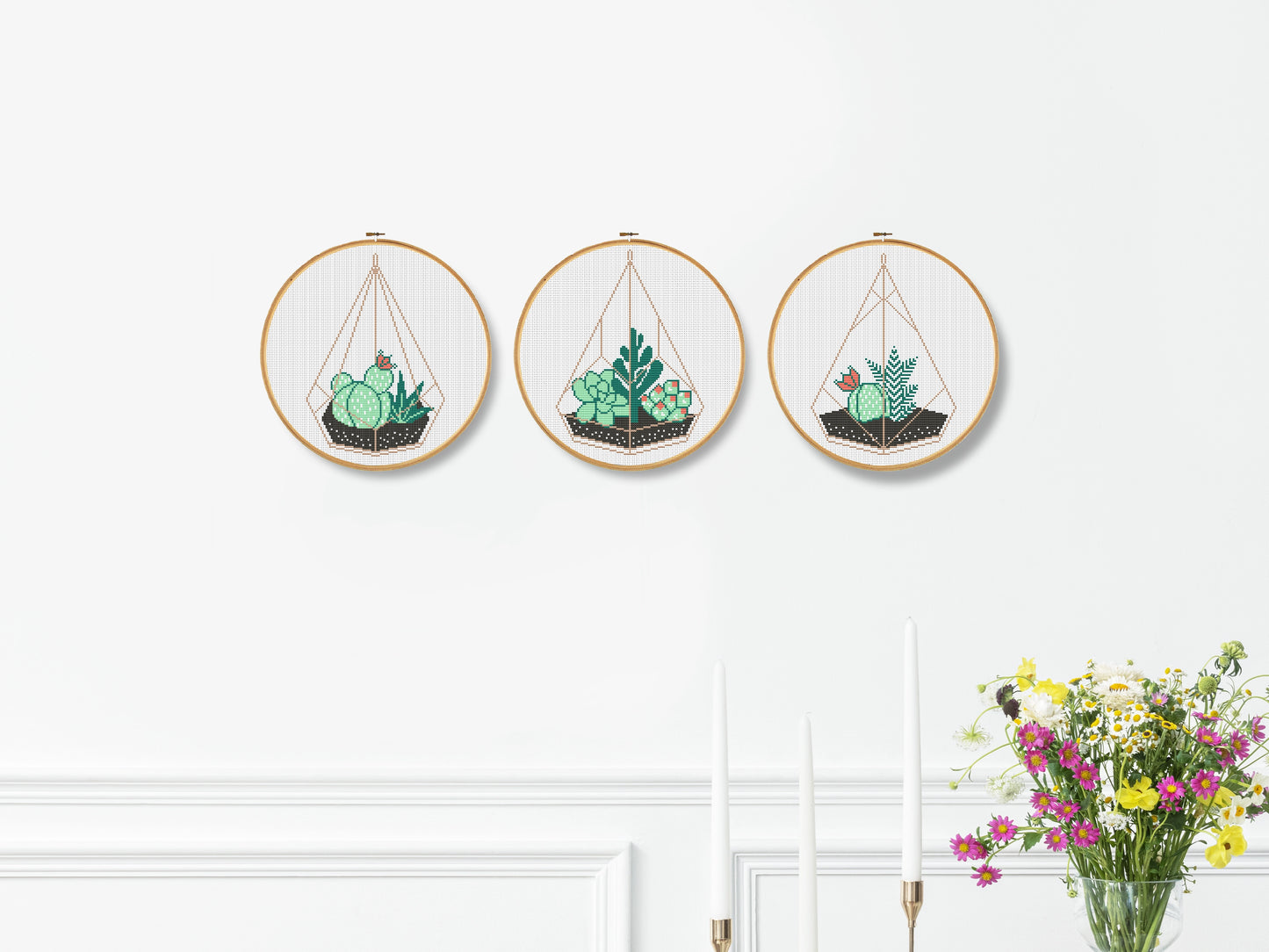 Set of 3 succulent terrarium cross stitch patterns, botanical plant embroidery designs