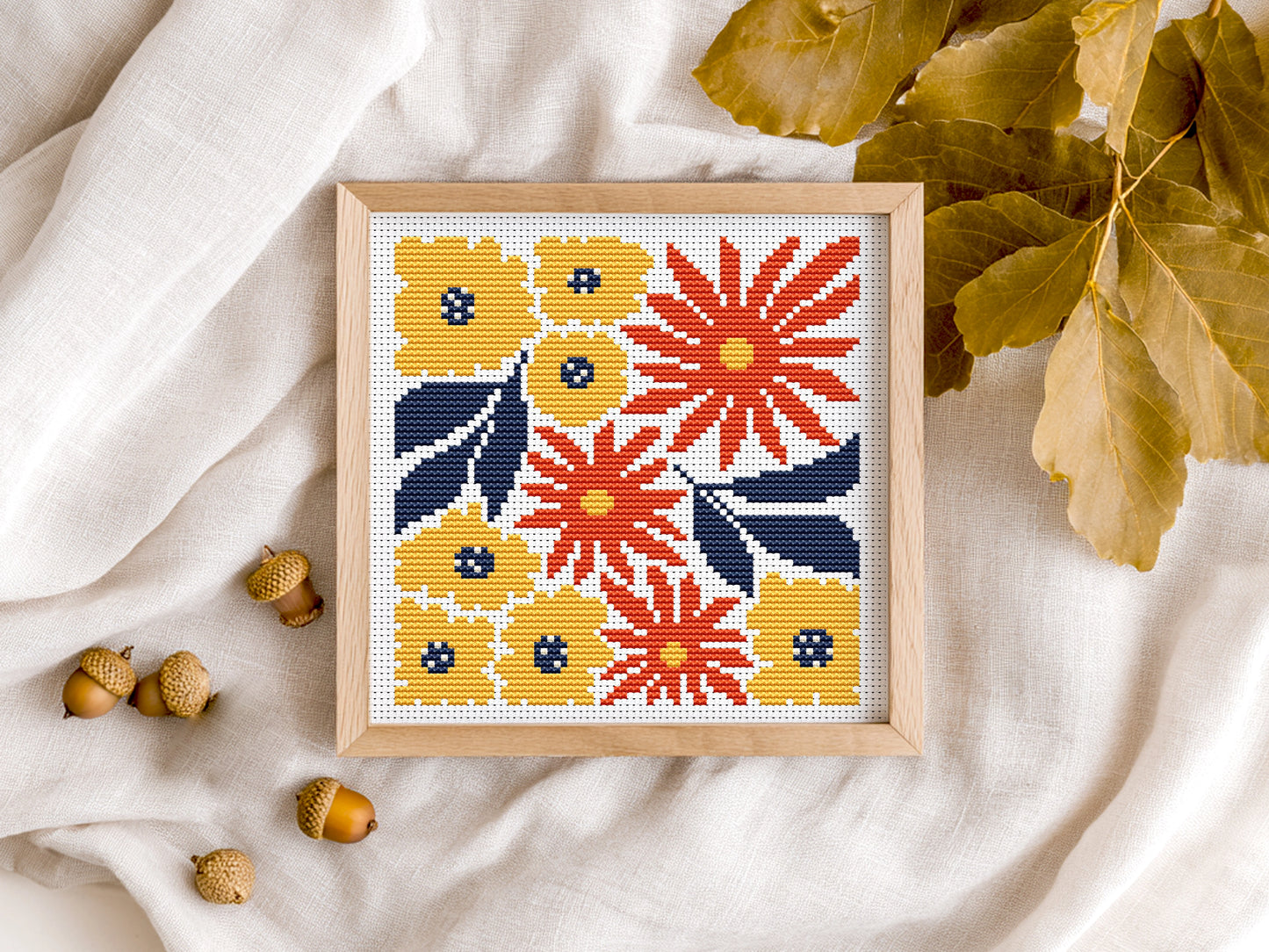 Cozy autumn bouquet of flowers cross stitch pattern, fall embroidery design
