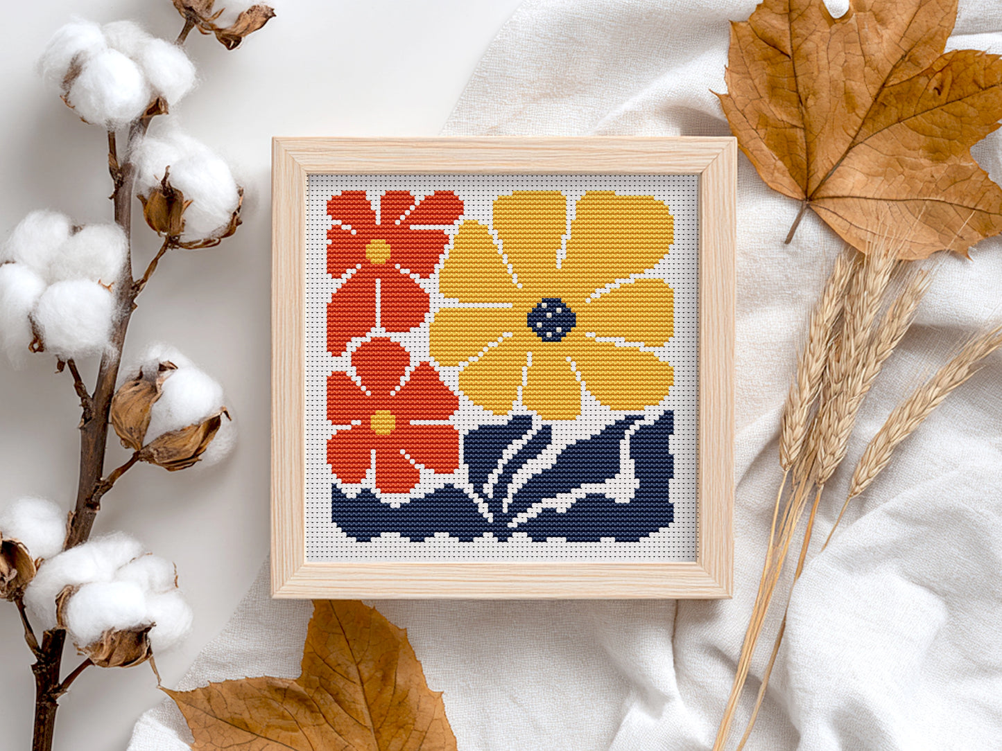 Yellow and red fall flowers cross stitch pattern, autumn floral embroidery design