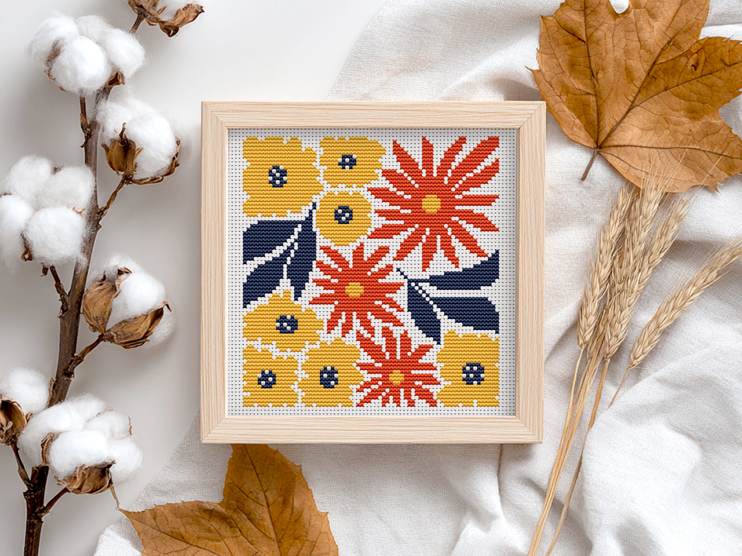Cozy autumn bouquet of flowers cross stitch pattern, fall embroidery design