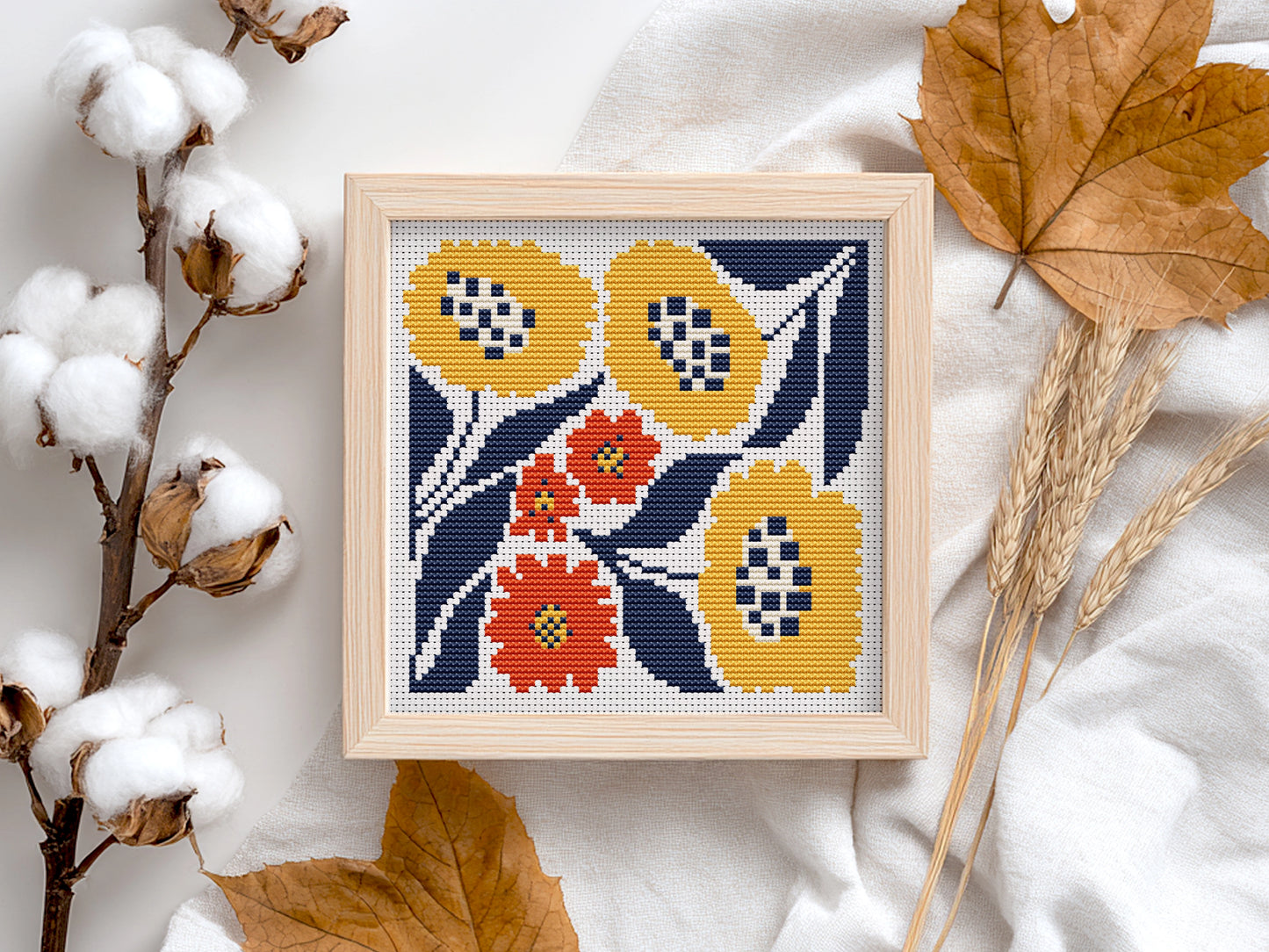 Autumn flowers cross stitch pattern with fall floral design