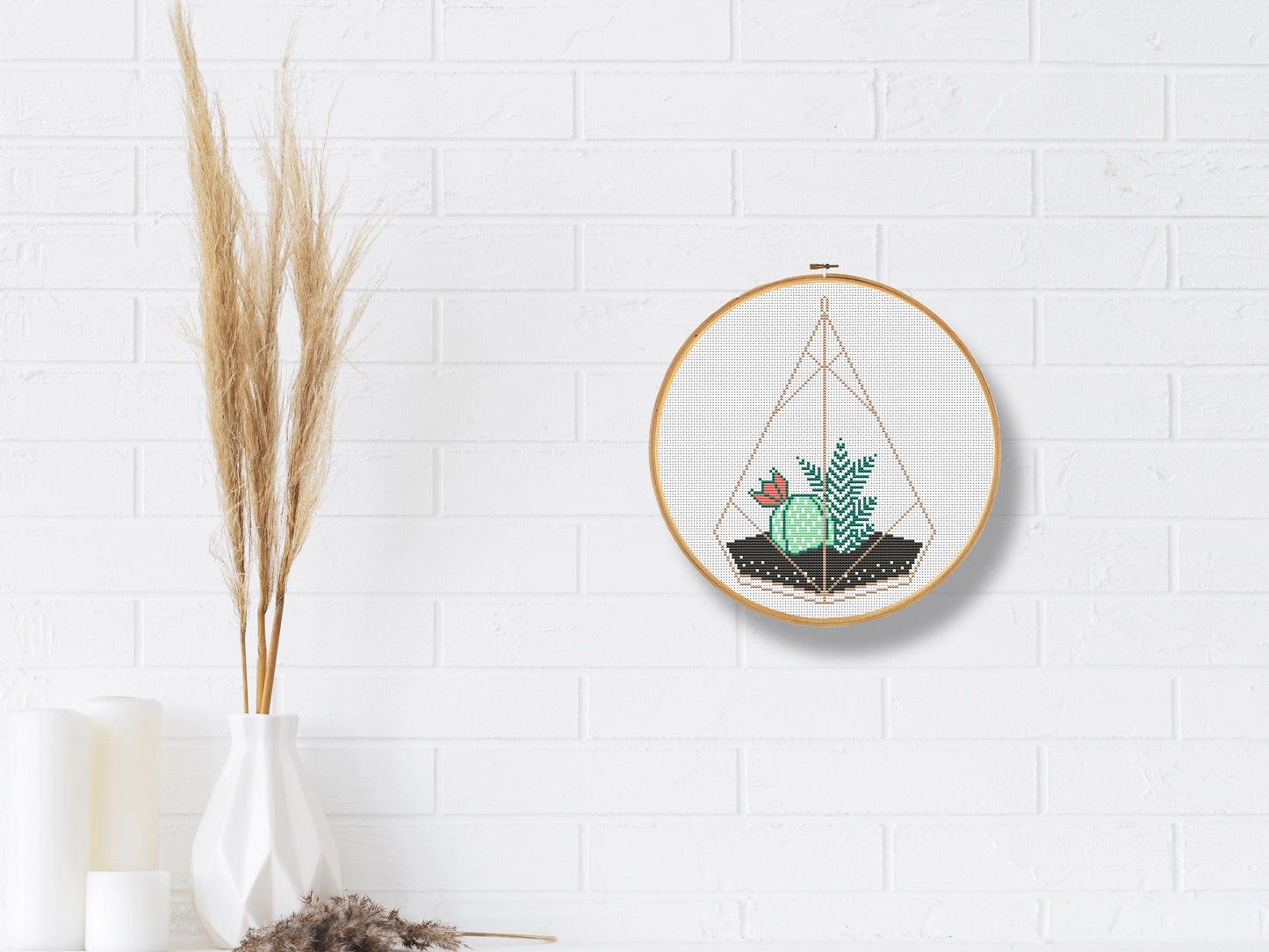 Succulent terrarium cross stitch pattern, stylish plant embroidery design