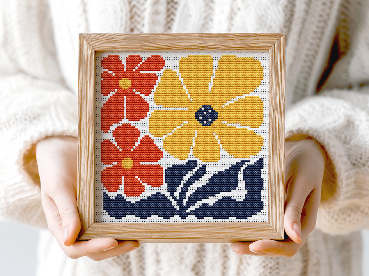 Yellow and red fall flowers cross stitch pattern, autumn floral embroidery design
