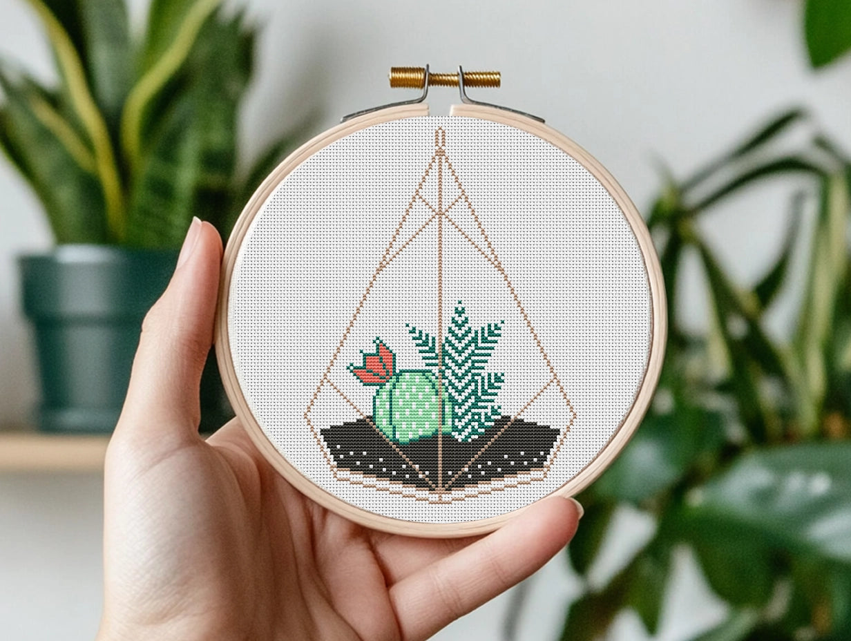 Succulent terrarium cross stitch pattern, stylish plant embroidery design