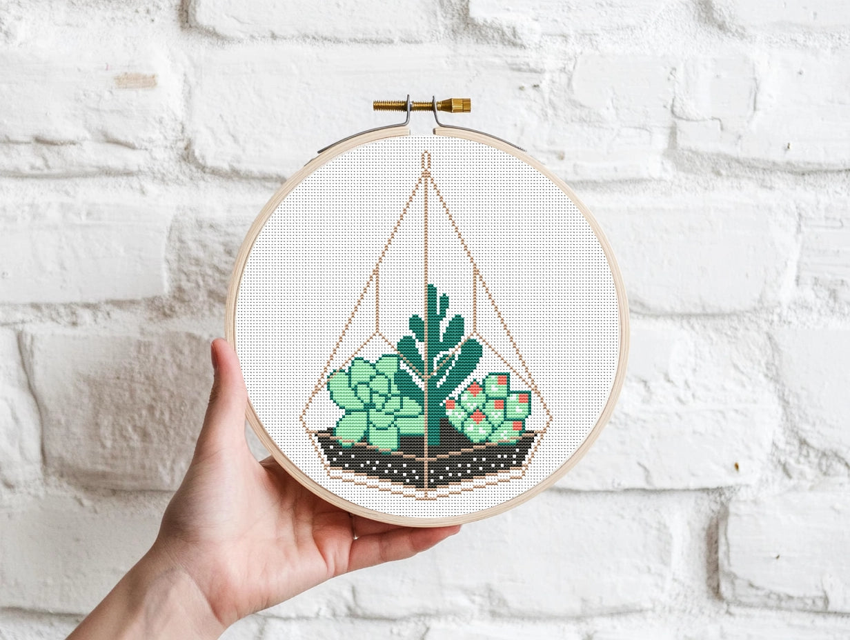Modern succulents in glass terrarium cross stitch pattern, botanical embroidery design