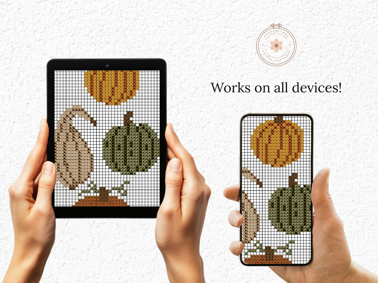 Fall cross stitch pattern with colorful pumpkins in different shapes and autumn shade