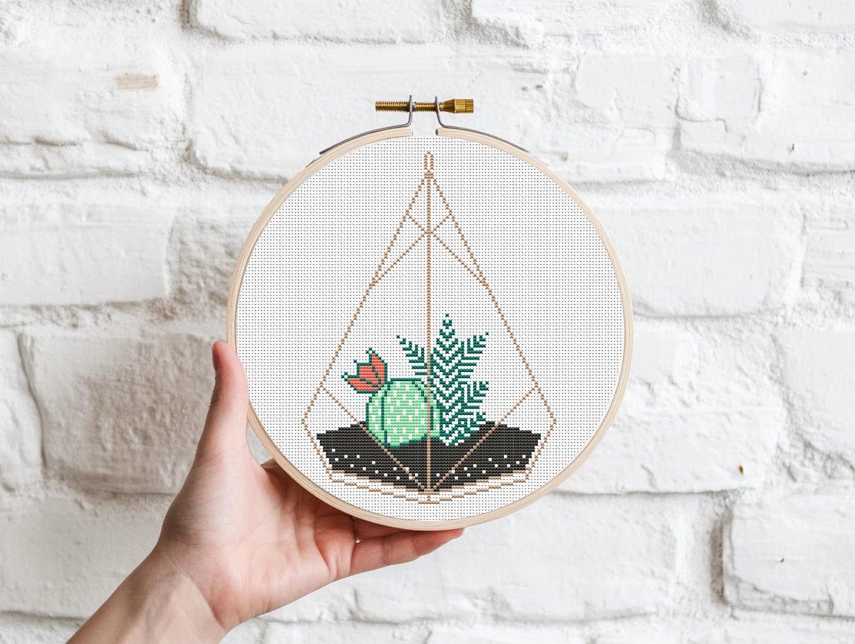 Succulent terrarium cross stitch pattern, stylish plant embroidery design