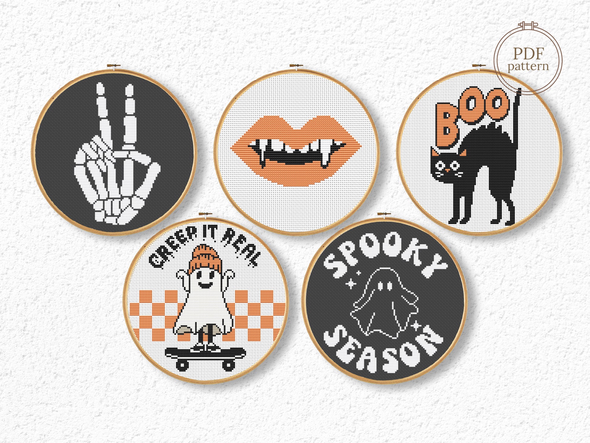 Set of 5 spooky Halloween cross stitch patterns with ghosts, pumpkins, and cats