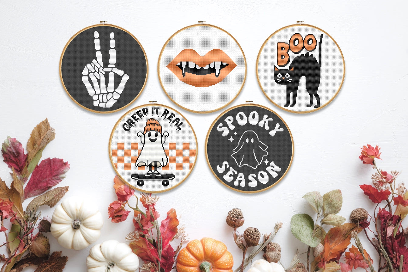 Set of 5 spooky Halloween cross stitch patterns with ghosts, pumpkins, and cats