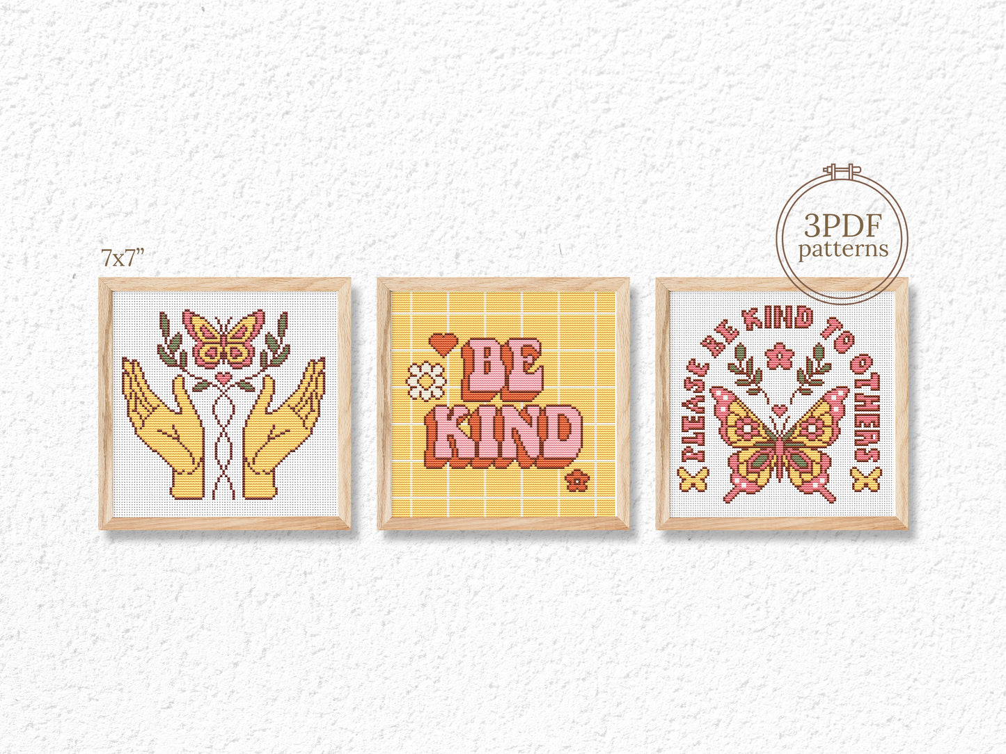 Set of 3 retro butterfly cross stitch patterns PDF – vintage nature and kindness embroidery designs