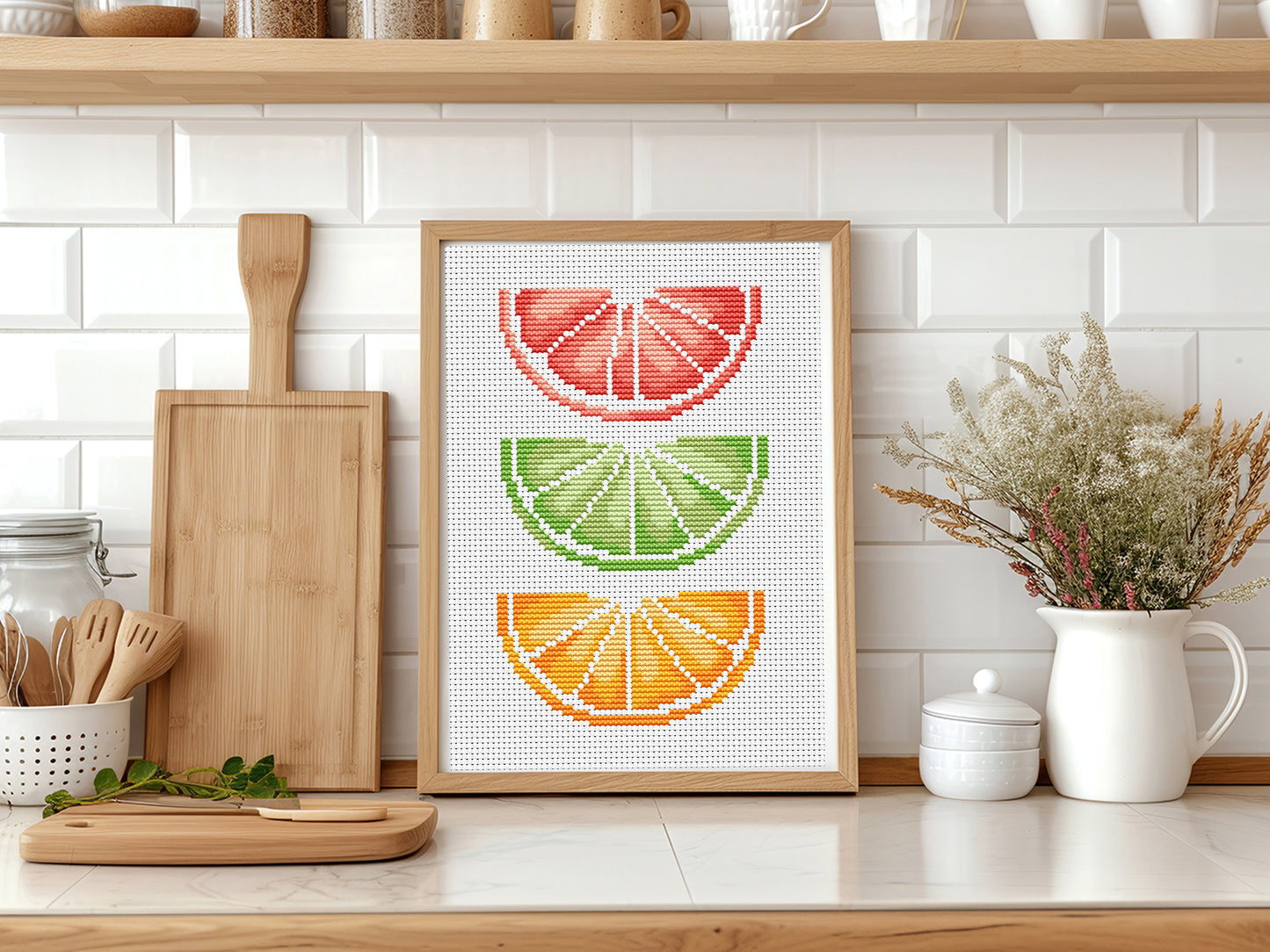 Colorful citrus fruit embroidery pattern PDF for kitchen decor