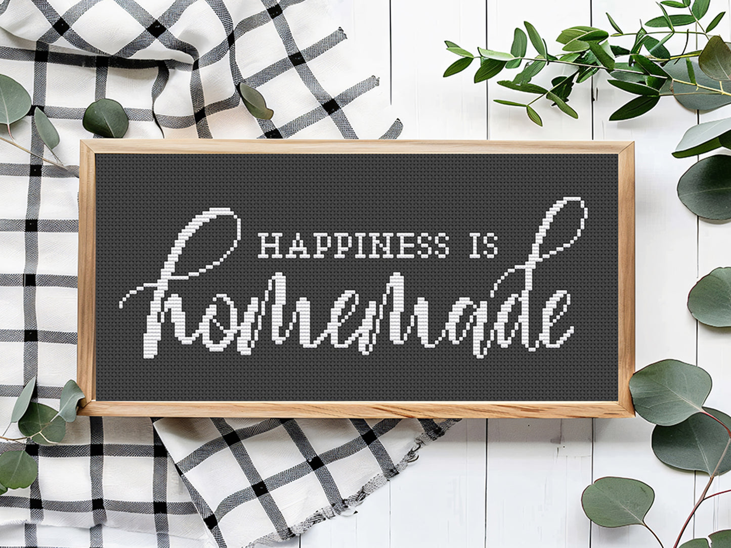 “Happiness is Homemade” cross stitch pattern – rustic farmhouse quote – PDF embroidery design