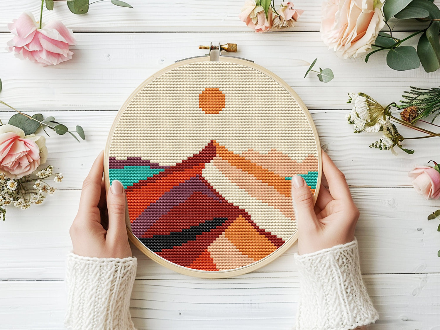 Scenic landscape cross stitch pattern in PDF format for embroidery