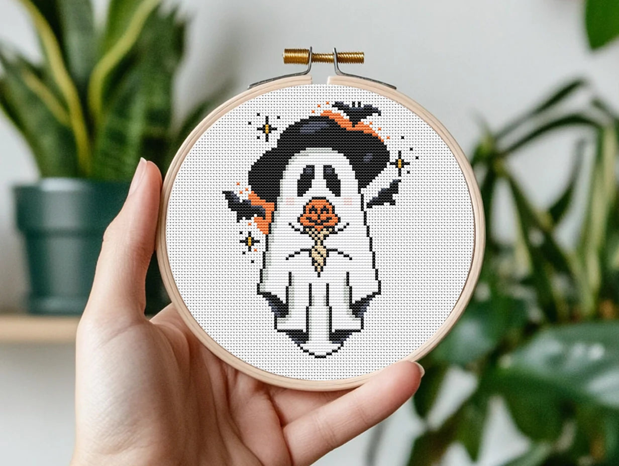 ghost with pumpkin Halloween cross stitch pattern