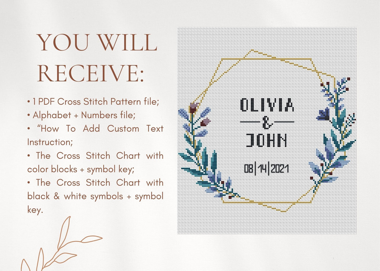 Wedding personalized cross stitch pattern – floral frame in blue and violet – embroidery PDF with alphabet