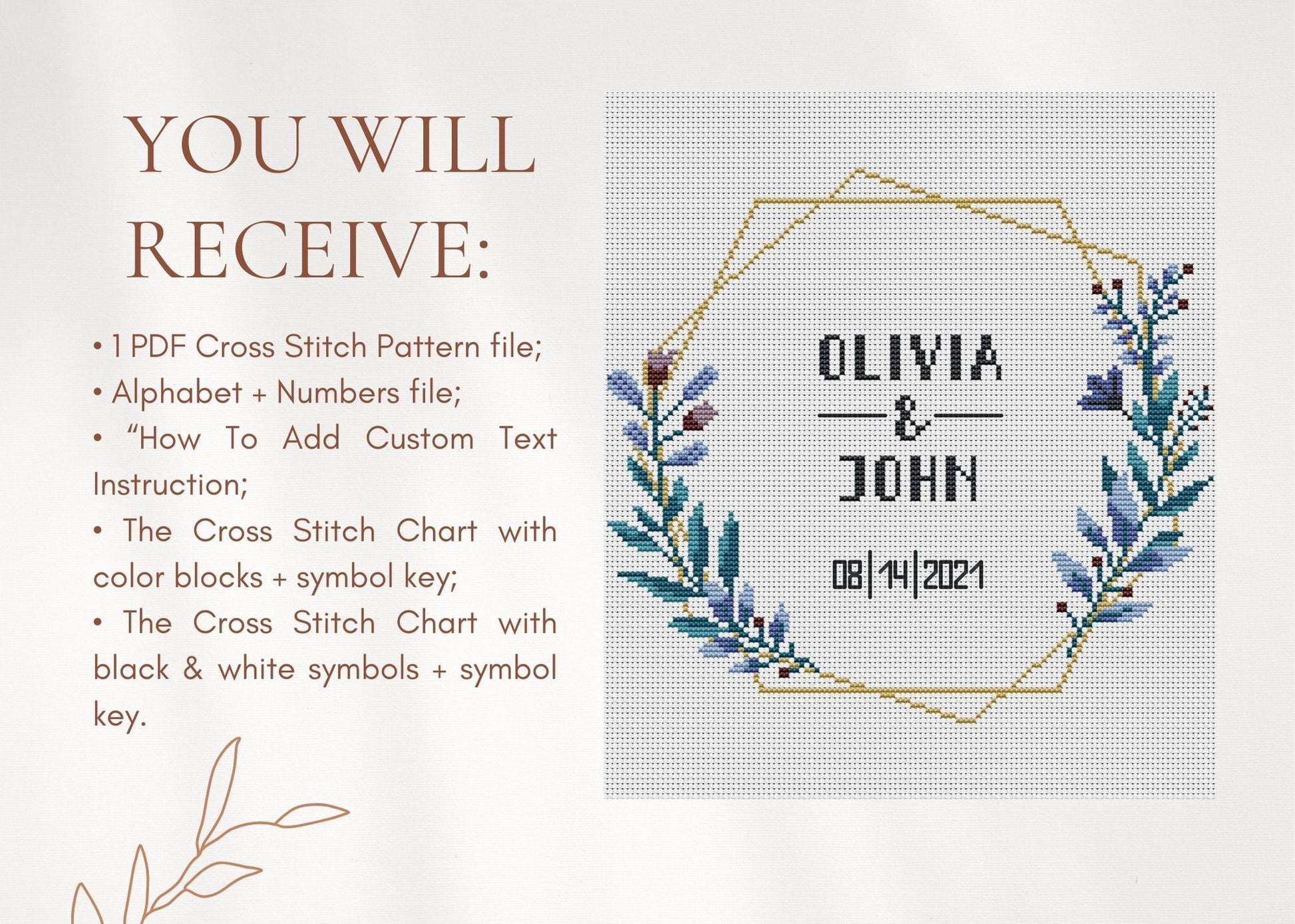 Wedding personalized cross stitch pattern – floral frame in blue and violet – embroidery PDF with alphabet