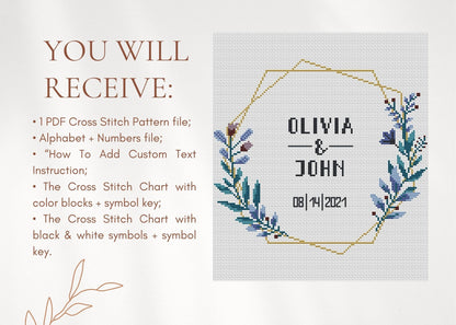 Wedding personalized cross stitch pattern – floral frame in blue and violet – embroidery PDF with alphabet