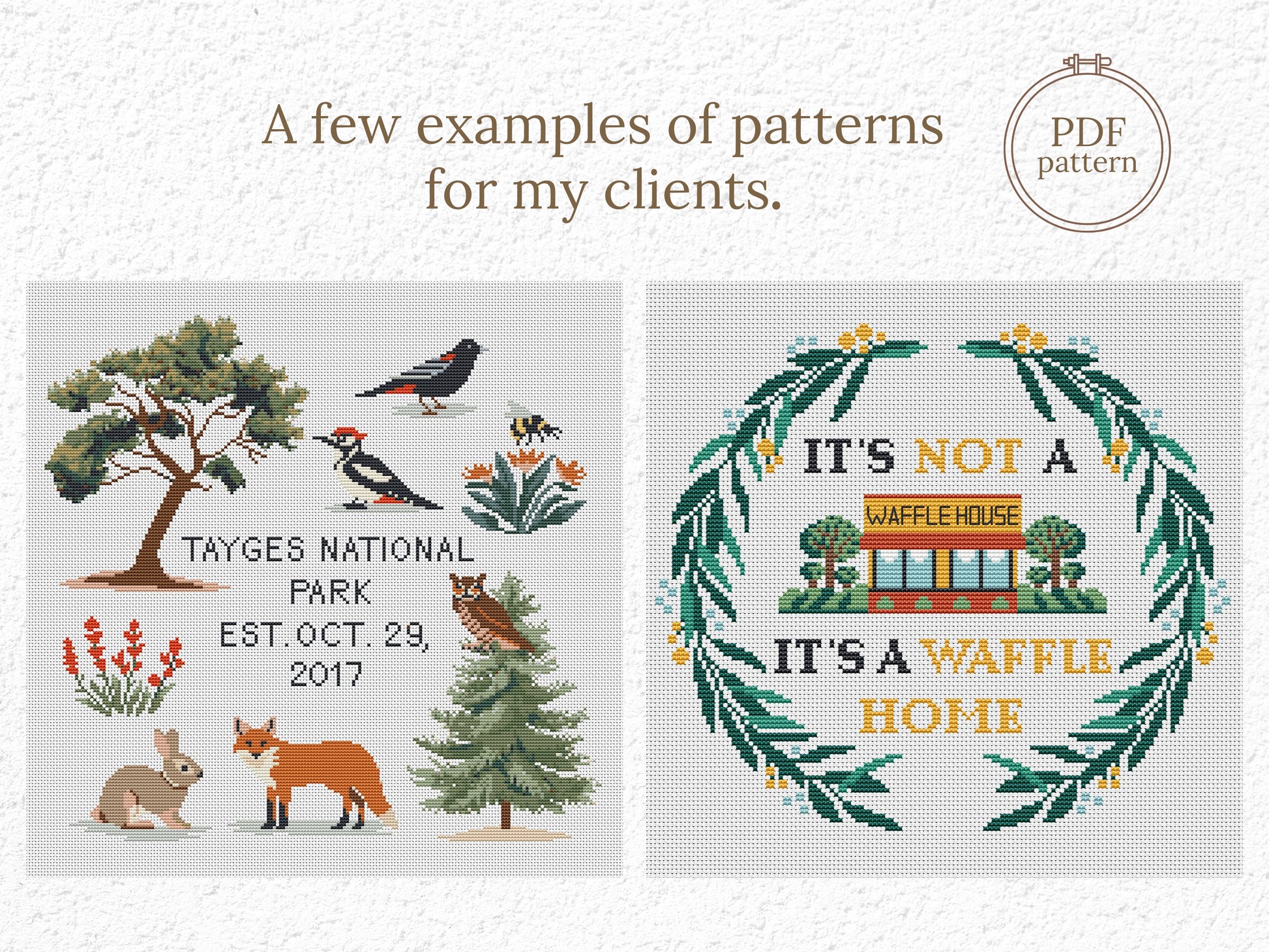 Examples of custom cross stitch patterns made for clients – personalized PDF designs