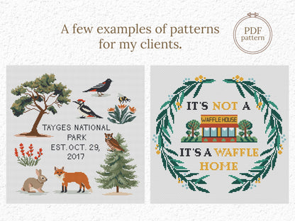 Examples of custom cross stitch patterns made for clients – personalized PDF designs