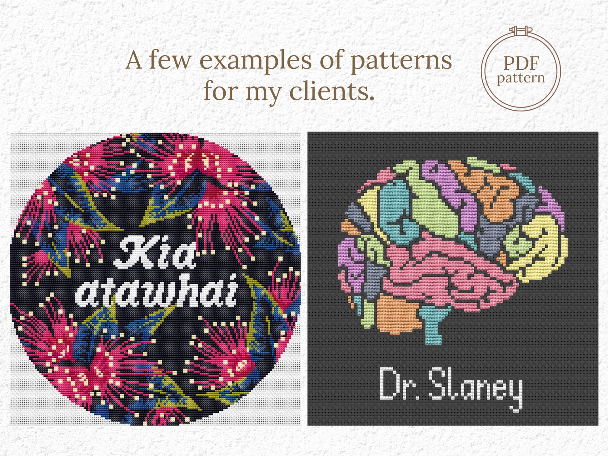 Examples of custom cross stitch patterns made for clients – personalized PDF designs