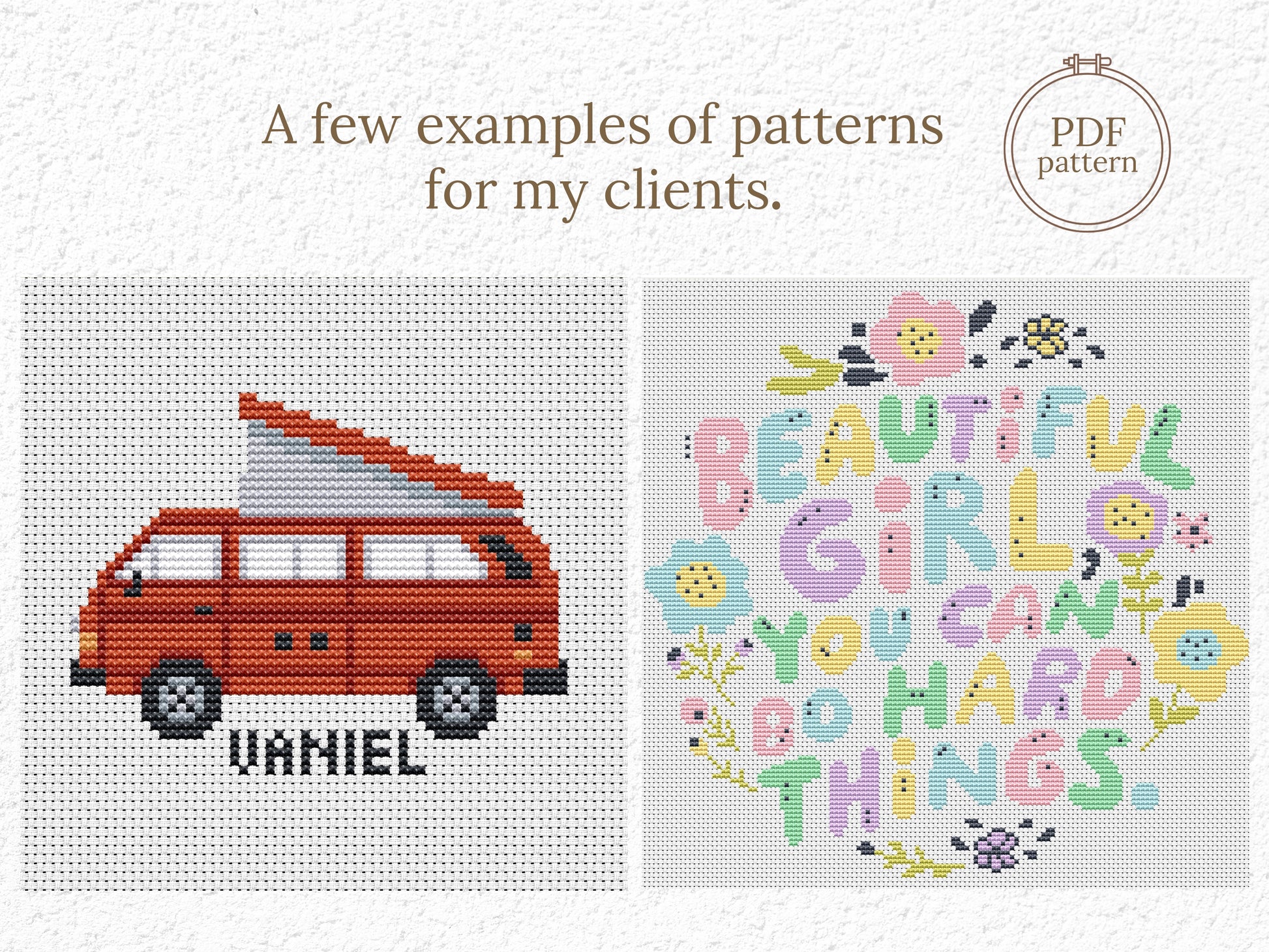 Examples of custom cross stitch patterns made for clients – personalized PDF designs