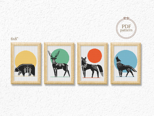 Scandinavian animals cross stitch set, Nordic folk embroidery patterns
