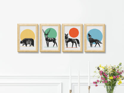 Scandinavian Animals cross stitch patterns - set of 4 - bear, deer, fox and wolf.